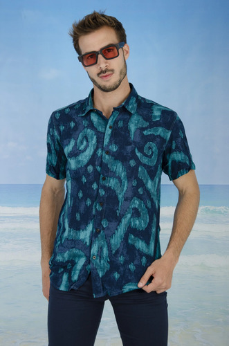 Camisa Hombre Hawaiana Estampada Manga Corta Fibrana Poplin