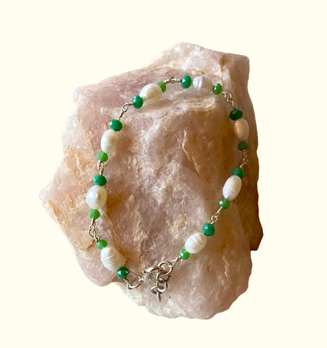 Pulsera De Plata Con Perlas Y Cristales Austríacos Verde