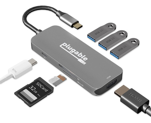 Plugable Hub Usb-c 7 En 1, Compatible Con Mac, Windows