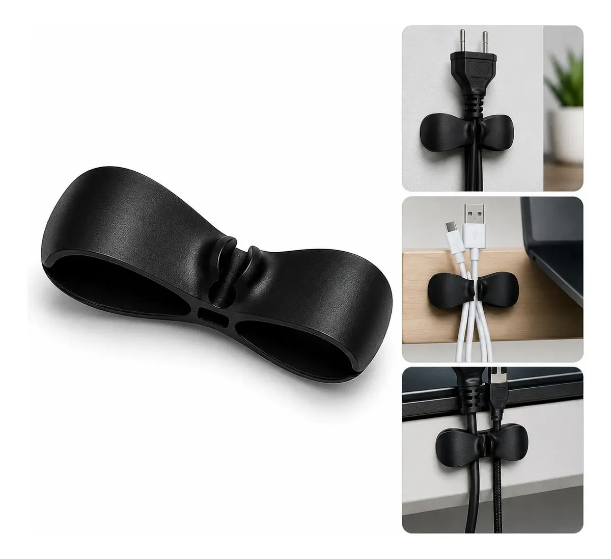 12 Enrolador Suporte Organizador Cabos Fios Silicone Adesivo Preto