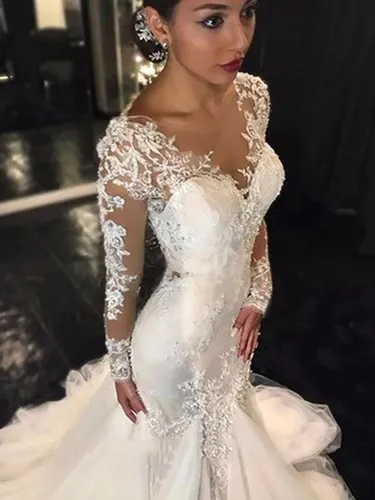 Vestido De Novia Encaje Corte Sirena Blanco Manga Larga