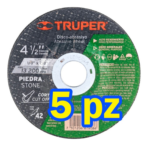 5 Pz Disco 4.5'' Corte Piedra Alto Rendimie T42 Truper 11555