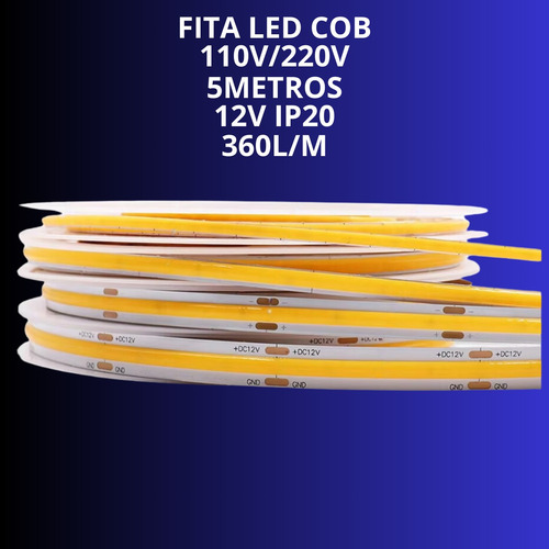 Fita Led Cob Colorida 12v Ip20 5m 360leds/m Brilho Perfil