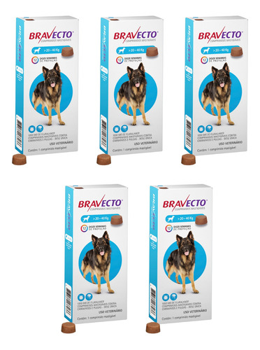 Combo 5 Unid Bravecto Cães 20 A 40kg Carrapato Msd