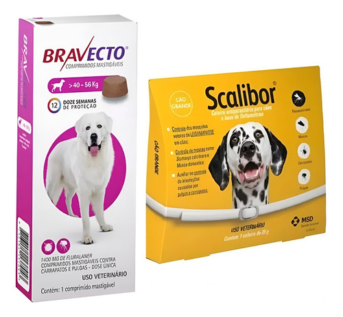 1 Bravecto 1400 Mg 40 A 56kg + 1 Coleira Scalibor 65cm 25gr