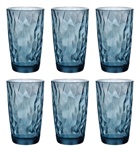 Copo Alto De Vidro Bormioli Rocco 470ml Azul Diamond 6 Peças