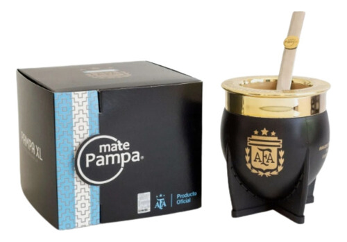 Mate Pampa Imperial Xl Argentina Afa + Bombilla Negro Dorado