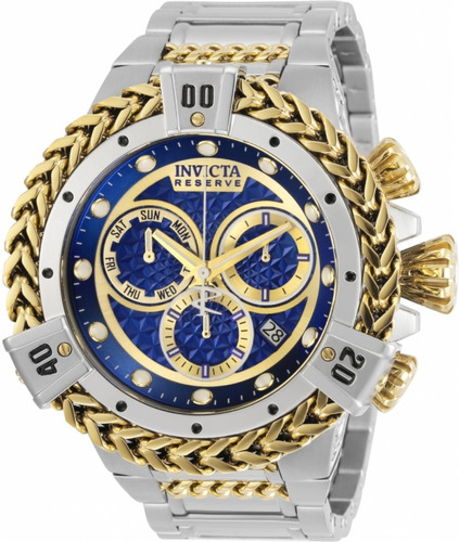 Relógio de pulso Invicta Reserve 30543 com corpo aço,  analógico, para masculino, fundo  azul, com correia de aço inoxidável cor aço e ouro, agulhas cor ouro e branco, subdials de cor branco e ouro, subesferas cor azul e ouro, ponteiro de minutos/segundos branco, bisel cor ouro e aço e dobrável