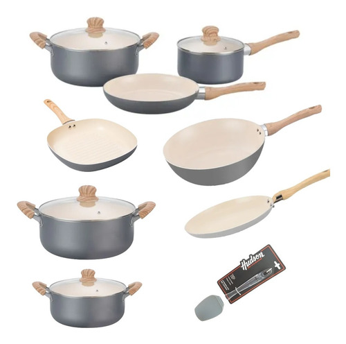 Set Hudson Gris Gray 12pz Cerámica Bifera Panq Wok Ollas 