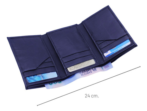 Cartera Hombre Piel Triple Compacta Tela Grabado Láser Azul