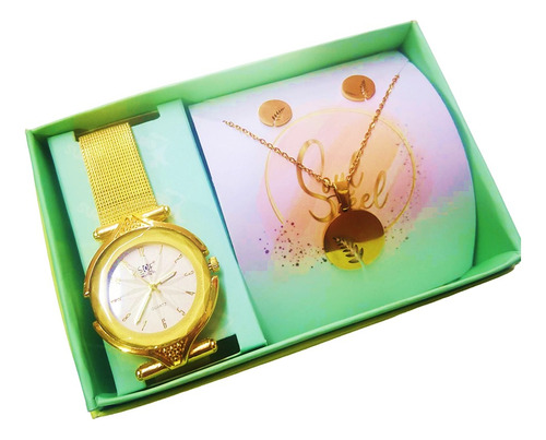 Kit Reloj Dorado Para Mujer + Juego De Collar Aretes Dorado