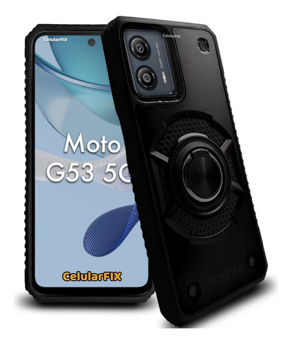 Funda P/ Motorola G53 5g Rudo Anillo Giratorio, Mica Color Negro
