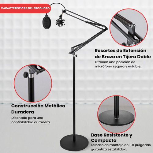 Soporte de Micrófono Pyle de Piso Ajustable con Brazo de Tijera Montaje Antivibración Filtro Anti-pop Adaptador de Rosca de 5/8" Construcción de Metal Duradero
