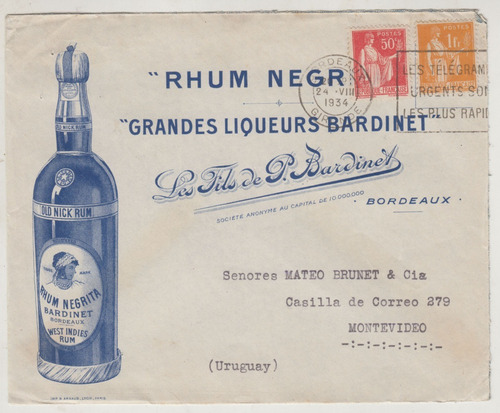 1934 Sobre Rhum Negrita Bardinet Burdeos A Montevideo Sellos