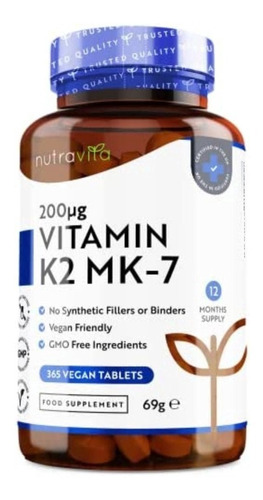 Vitamina K2 - 200mg /365 Pastillas . Sin Gluten Ni Lactosa.