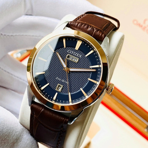 Reloj Citizen Dress Classics Corso Original Hombre Color De La Correa Marrón Oscuro Color Del Bisel Oro Rosa Color Del Fondo Azul
