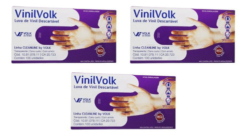 Luvas Vinil Volk Com 100un Grande Com Amido - Kit C/3un