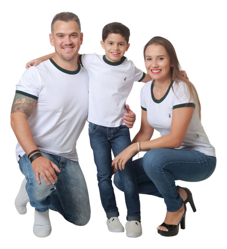 Kit Família Camisetas Ringer Branca 3 Peças