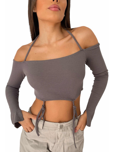 Top Tiras Manga Larga Moda Mujer Gris Negro Escote Recto