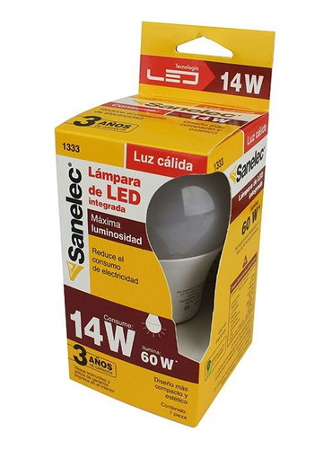 Foco Tipo A19 Led 14w, Luz Cálida Sanelec 1333