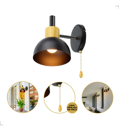 Luminária Arandela Moderna Ipê Luz Direta E27 Metal Dourado Cor Preto