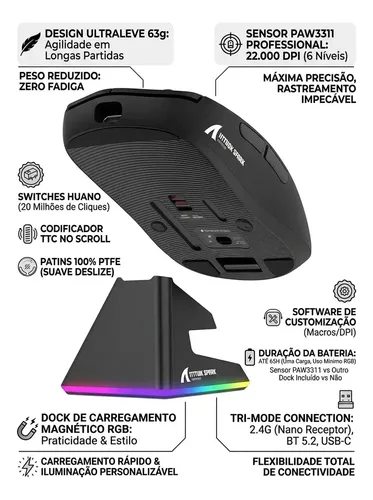 Mouse Gamer X11 Attack Shark Tri Mode 22000dpi Paw3311 Dock Cor Preto
