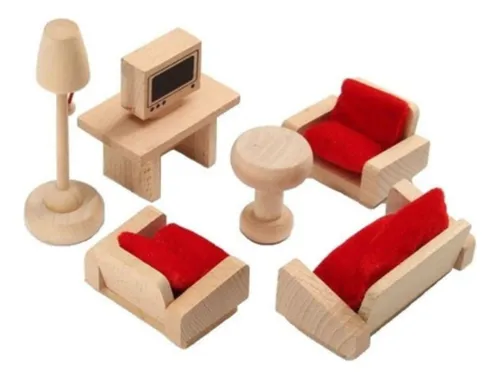 comprar Kit Juguetes Living Completo En Madera Para Casa De Muñecas 