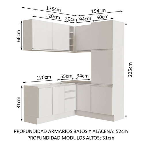 Cocina Integral Completa Modular Esquinero Madesa Glamy 329cm 01 Color Blanco