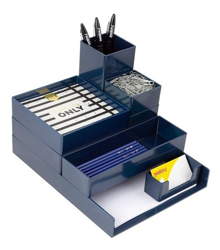 Kit Organizador Modular 08 Peças Mesa Gaveta Multiuso Waleu Cor Azul