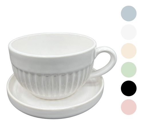 Tazon Multifuncion Ceramica Vintage Canela 550ml + Plato Gris Azulado