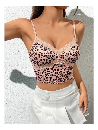 Top De Tirantes Con Estampado De Leopardo Ribete Con Encaje