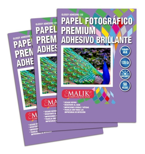 Pack 3 Papel Fotografico Adhesivo Brillante 135gr 50hojas A4