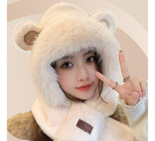 Gorro + Bufanda D Peluche Peludo Calentito Invierno Orejitas Blanco Orejas Osito Unico
