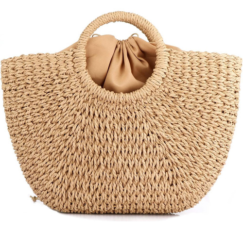 Erouge Bolso De Paja Natural Elegante Tejido A Mano Con Asa 