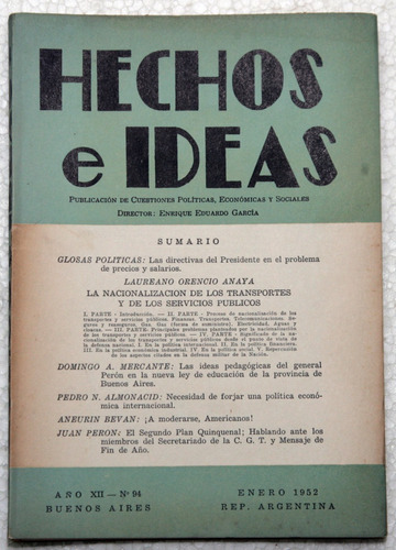 Hechos E Ideas N º 94 Enero 1952--movimientos Obreros