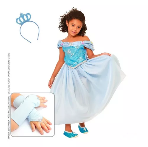 Fantasia Vestido Infantil Princesa Cinderela + Luvas + Coroa