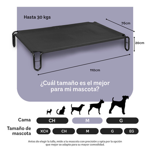 Cama Elevada para Perro con Malla Transpirable ideal en Calor, Catre de Mascotas Esquimal Pets. Negro, 110x76x20cm