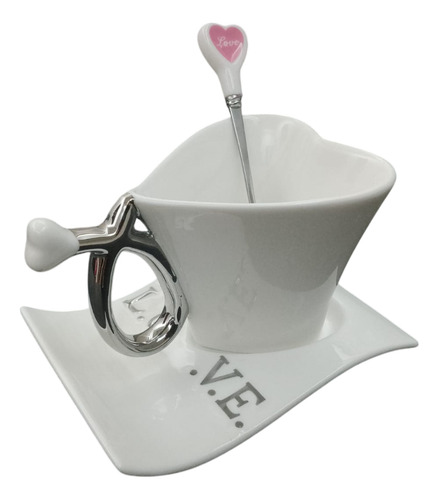 Taza De Cerámica Con Forma De Corazón Con Base Y Cuchara S Color Blanco