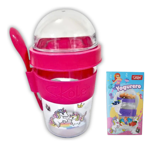 Vaso Yogurt Con Porta Cereal Con Cuchara Para Merienda Niños Rosa Chicle