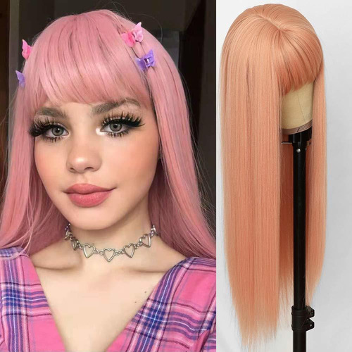 Peluca De Pelo Largo Y Natural Para Mujer, Color Rosa, Ide