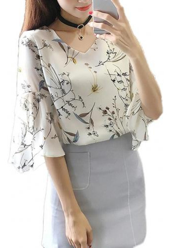 2024 Summer Office Lady Blouse Elegant Flower Print Half