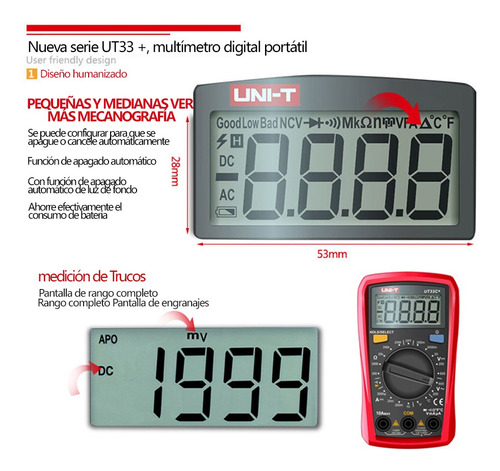 Imagen 6 de 8 de Multímetro Digital Ut33b Ergonómico Portátil Pequeño 600v