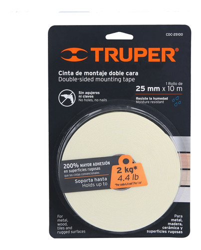 Cinta De Montaje Doble Cara 25mm X 10 Mts X 1mm Truper 11728