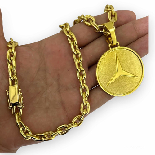 Cordão Cadeado 10mm + Pingente Mercedes Banhado A Ouro 18k