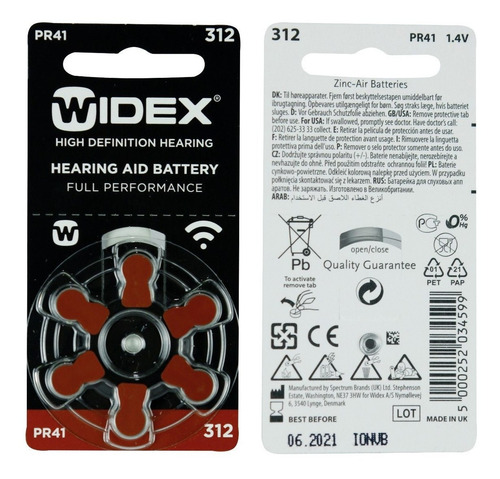 6 Pilas Para Audífono #312. Marca Widex. Pr 41 1.4 V