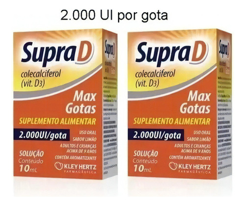 Supra D Max 2000 Ui Por Gota 2x10ml Vitamina D3 - Kley Hertz Sabor Limão