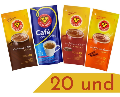 Kit Capuccinos + Cafe Com Leite Três 3 Corações - 20 Sachês