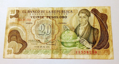 Billete De Colombia 20 Pesos 1974- Xf. P409