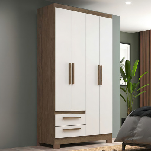 Guarda-roupa Solteiro 4 Portas 2 Gavetas Wood/branco - Cor Marrom