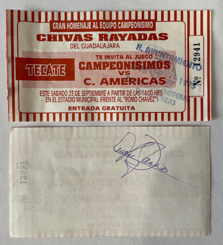 Autografo De Juan Bigoton Jasso Boleto Campeonisimo Chivas (Usado)